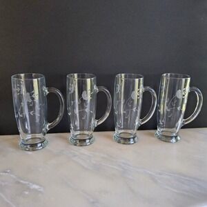 Pincess House Floral Etched Glass Beer Mug Set of 4, Tall Glasses, Barware